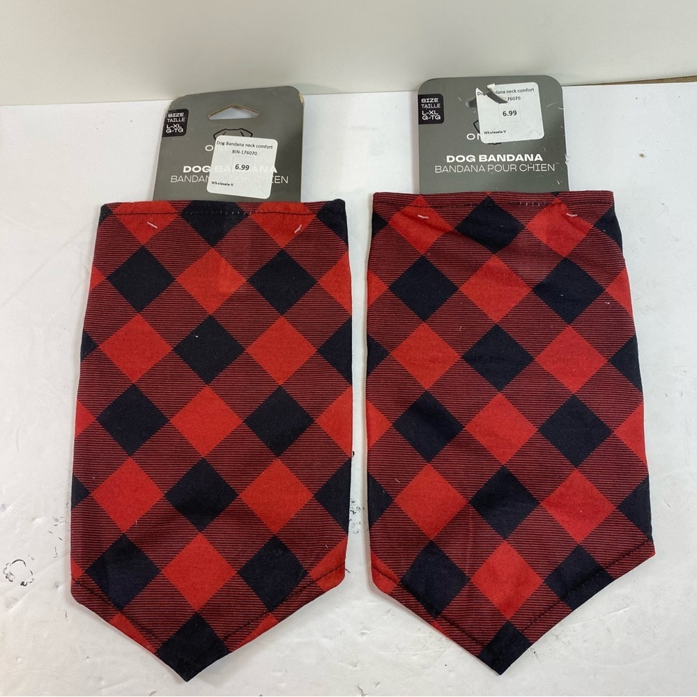 Two New OnePaw Dog Bandanas - Red & Black Buffalo Plaid L/XL